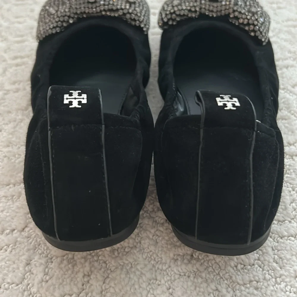 Tory Burch Black Crystal Bow Suede Ballet Flats